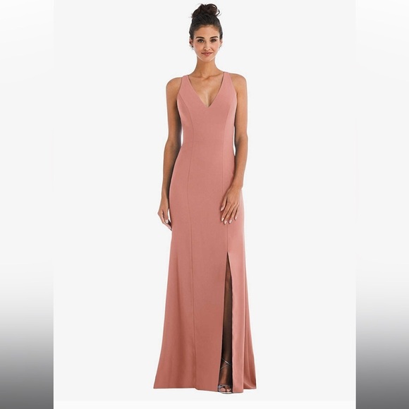 Dessy Collection-CRISS-CROSS CUTOUT BACK MAXI DRESS WITH FRONT SLIT - Picture 1 of 15